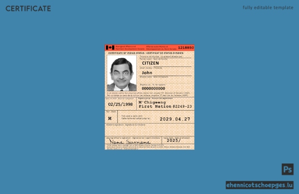 Beispielvorschau eines kanadischen Zertifikats über den Indianerstatus